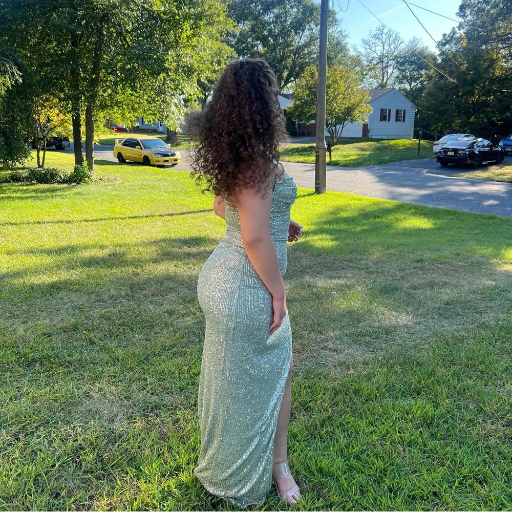 Sage Green Sparkly Sequenced Spaghetti Strap Floor Length High Slit Formal Dress
